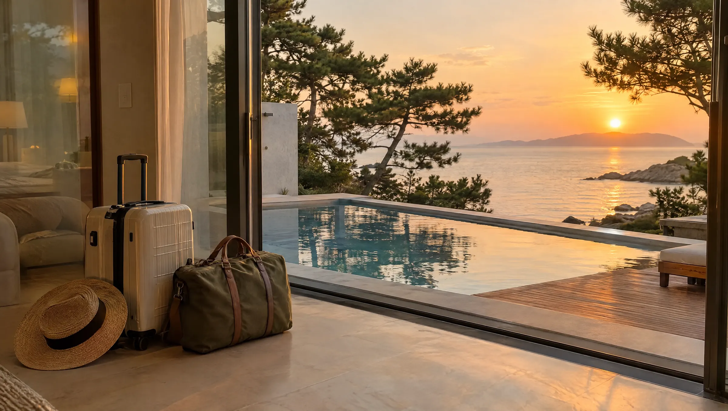 노을 무렵 풀빌라 문 앞에 여행 가방과 밀짚모자가 놓여 있다