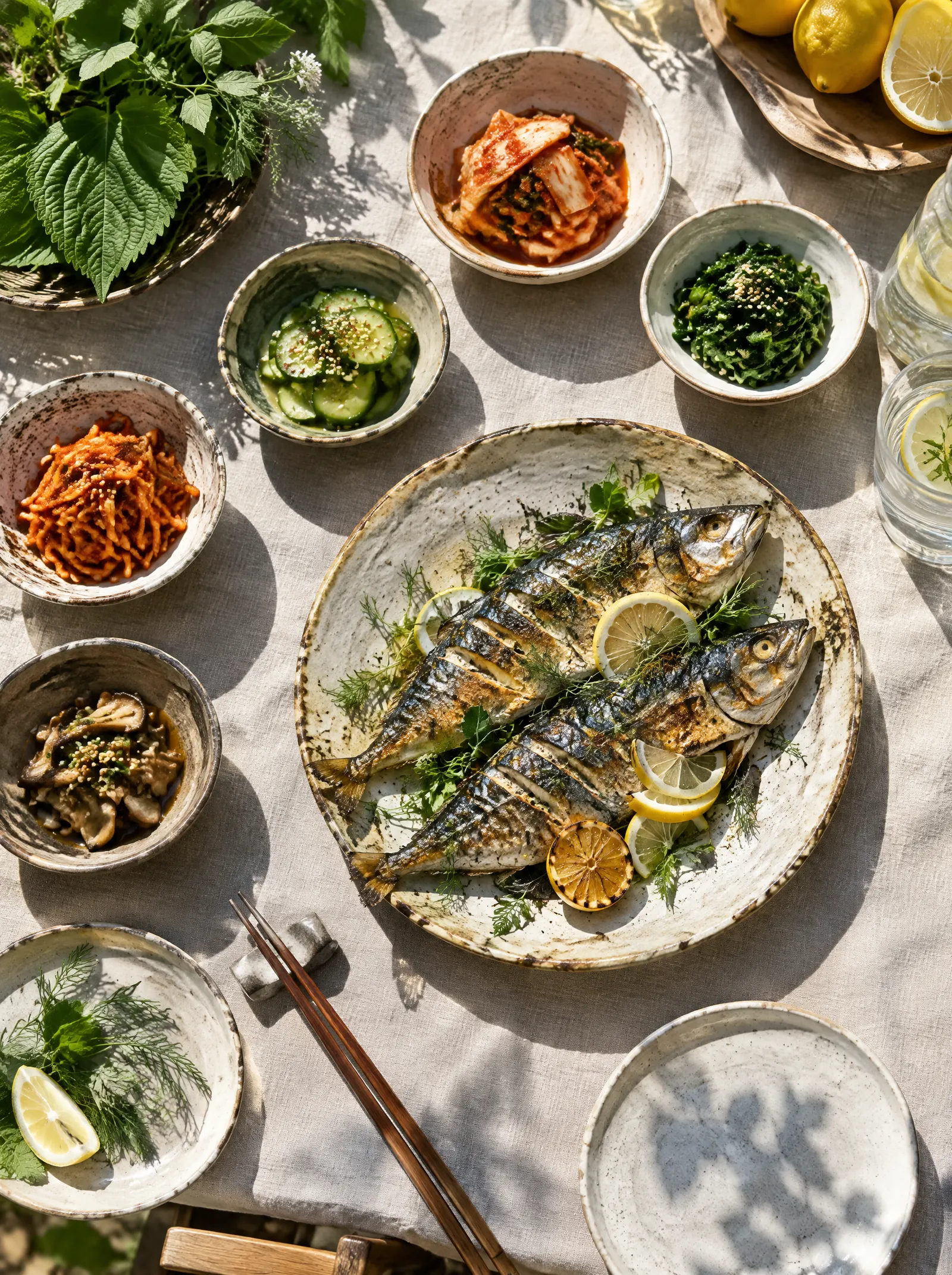 생선구이와 반찬이 차려진 볕 좋은 식탁