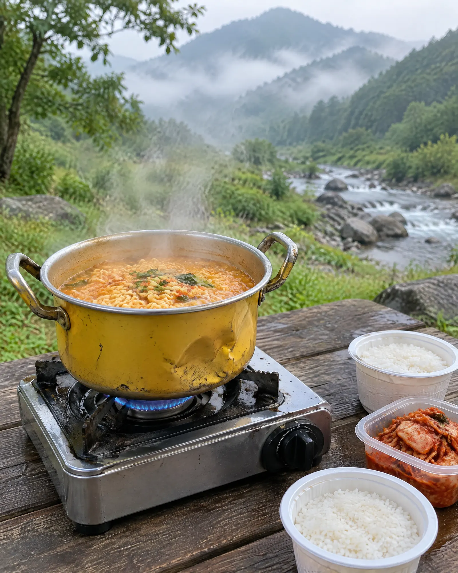 아침 계곡 옆 버너 위 노란 양은 냄비 라면과 햇반