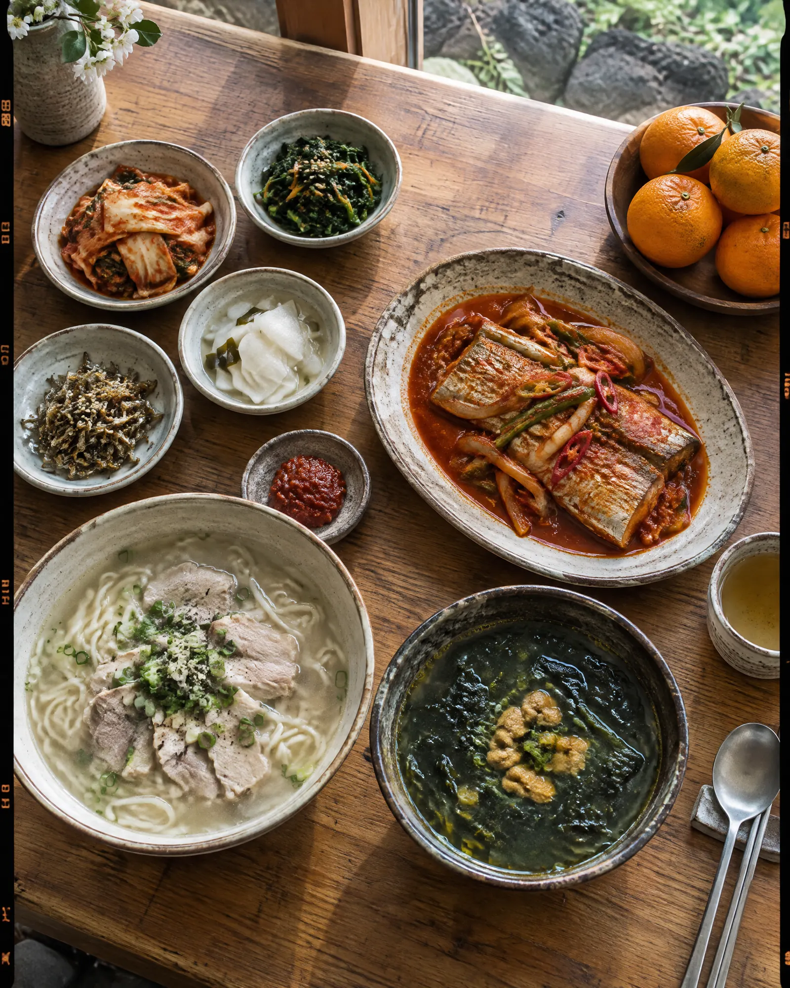 고기국수와 갈치조림, 성게미역국을 차린 제주 집밥 상