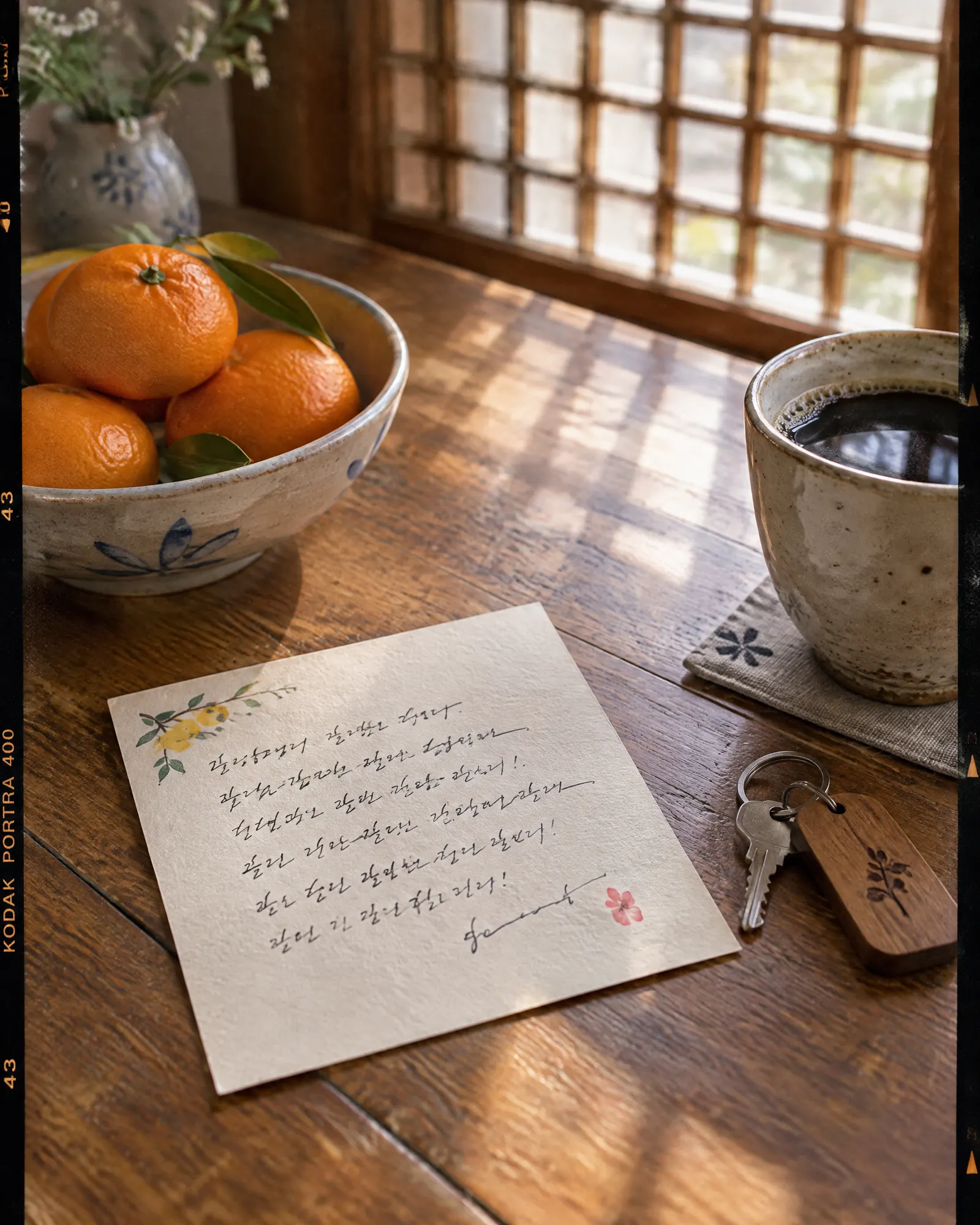나무 식탁 위 손글씨 환영 쪽지와 귤, 방 열쇠, 커피