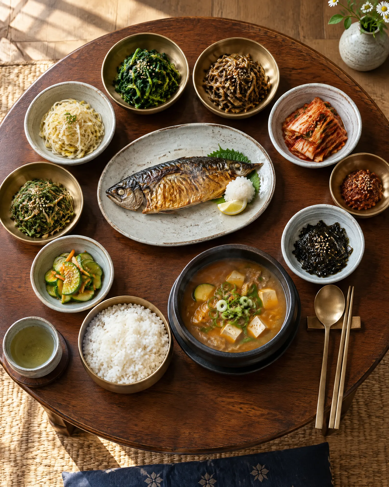 나물과 된장찌개를 차린 소반 아침상