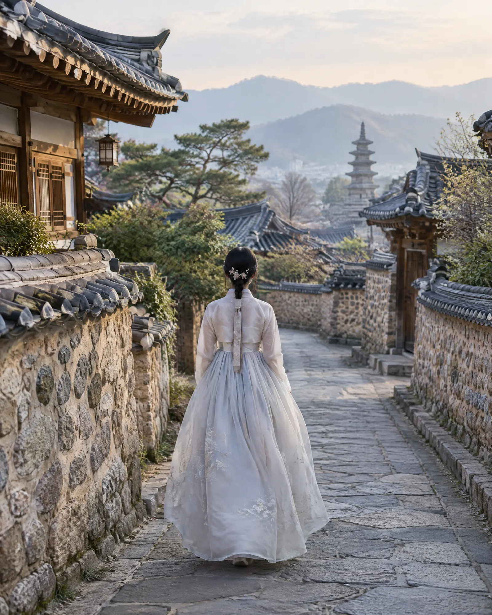 한복을 입고 돌담 골목을 걷는 뒷모습